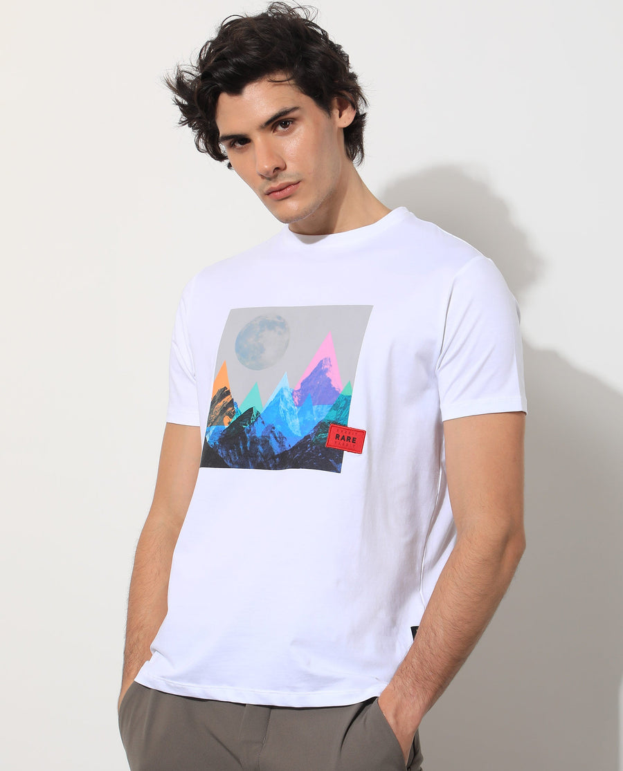 Rare Rabbit Men's Oden White Cotton Graphic Print Slim Fit Half Sleeve Crew Neck T-Shirt