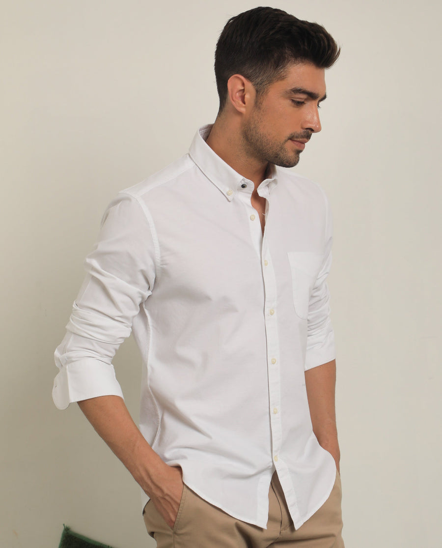 Rare Rabbit Men's Auxfo White Cotton Plain Regular Fit Full Sleeve Collared Shirt