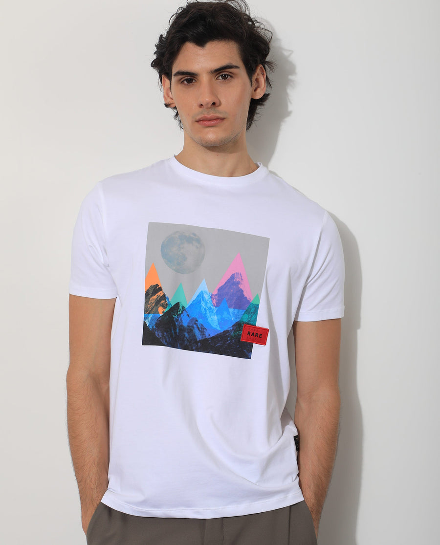 Rare Rabbit Men's Oden White Cotton Graphic Print Slim Fit Half Sleeve Crew Neck T-Shirt