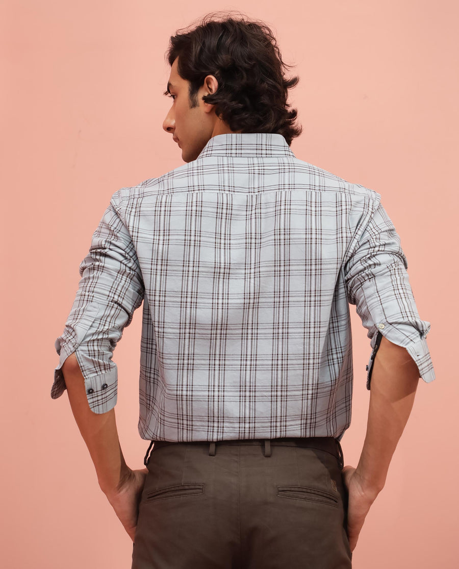 Rare Rabbit Men's Frazey Grey Cotton Checked Print Regular Fit Full Sleeve Collared Shirt