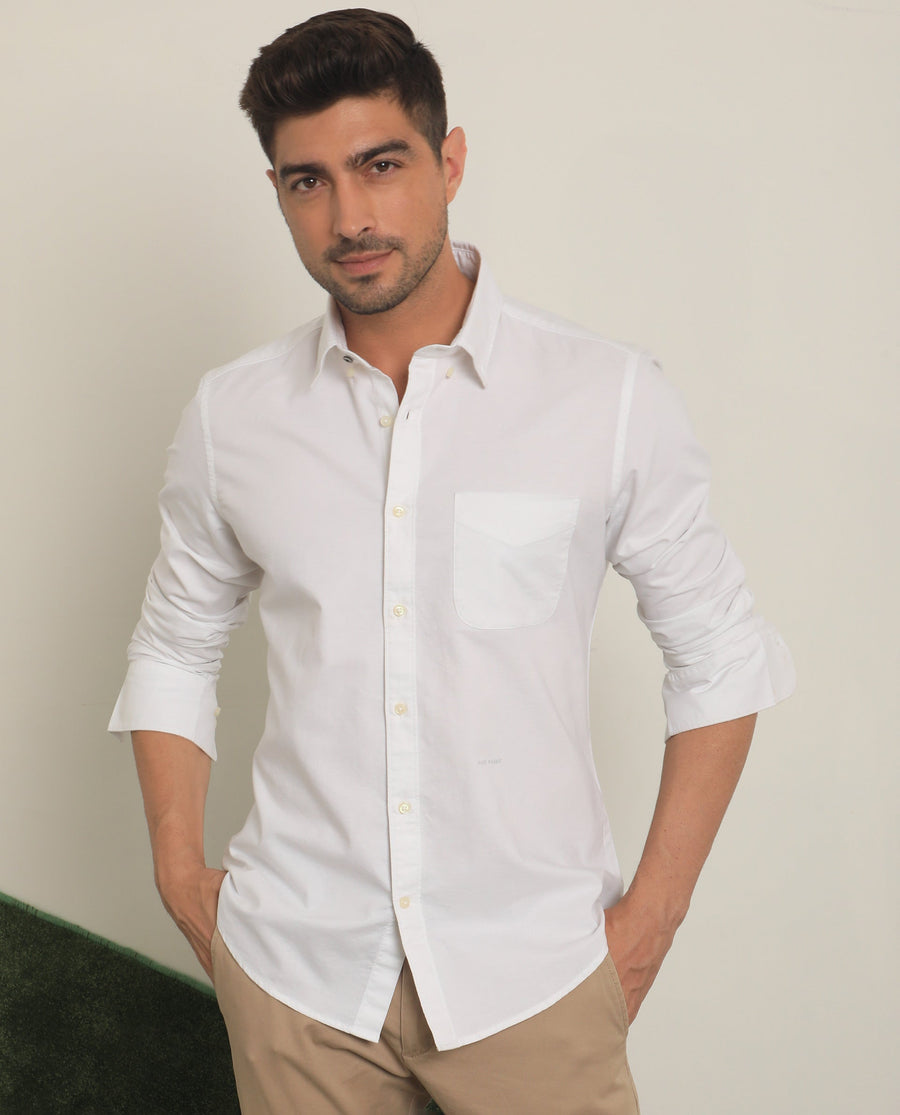 Rare Rabbit Men's Auxfo White Cotton Plain Regular Fit Full Sleeve Collared Shirt