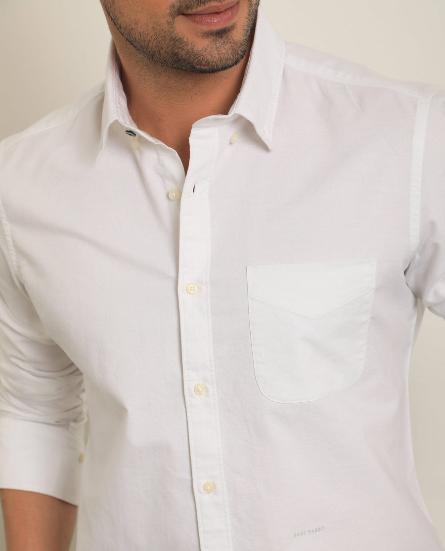 Rare Rabbit Men's Auxfo White Cotton Plain Regular Fit Full Sleeve Collared Shirt