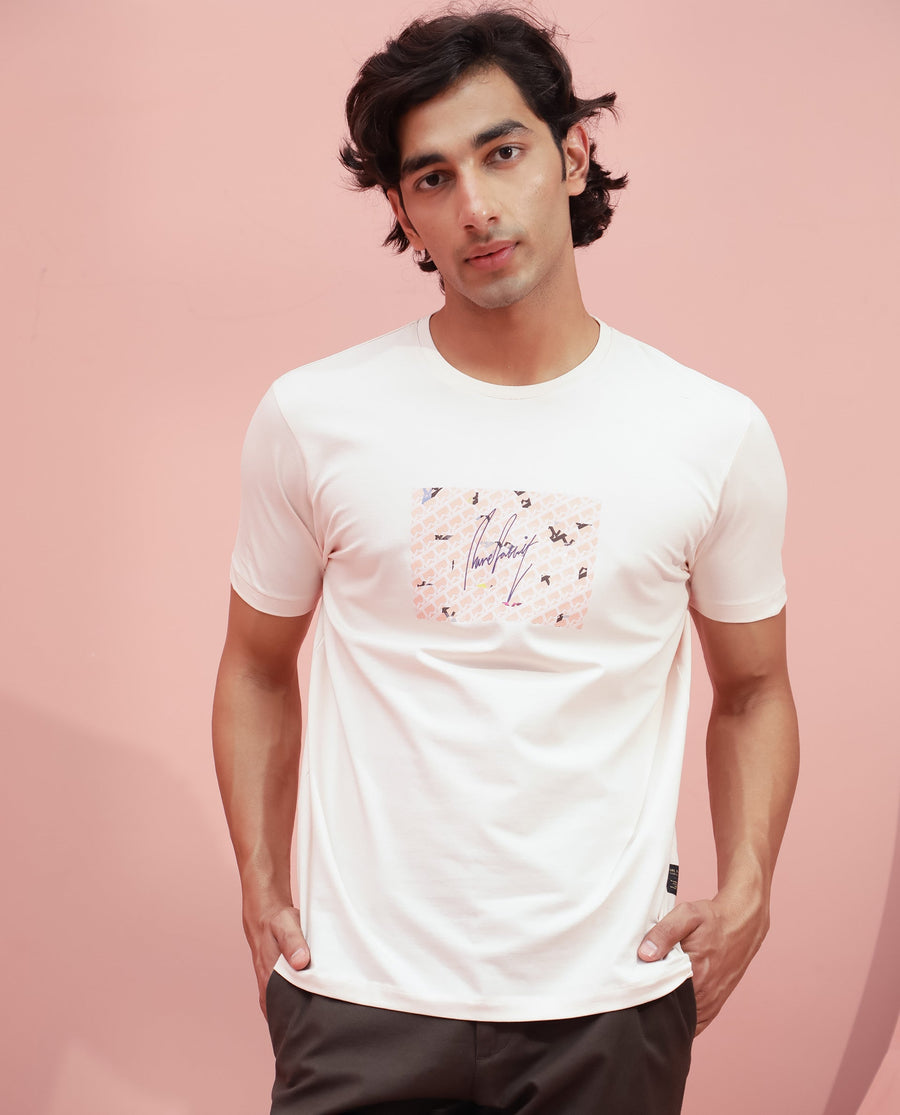 Rare Rabbit Men's Antile Peach Cotton Graphic Print Slim Fit Half Sleeve Crew Neck T-Shirt