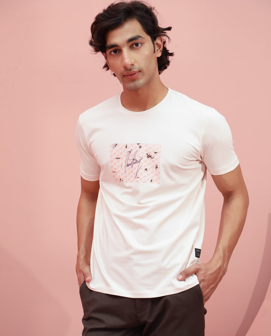 Rare Rabbit Men's Antile Peach Cotton Graphic Print Slim Fit Half Sleeve Crew Neck T-Shirt