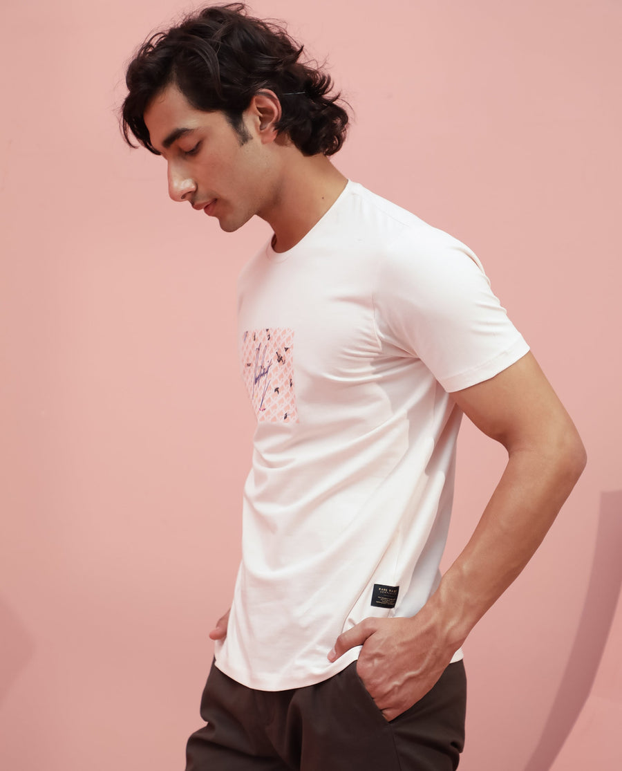 Rare Rabbit Men's Antile Peach Cotton Graphic Print Slim Fit Half Sleeve Crew Neck T-Shirt