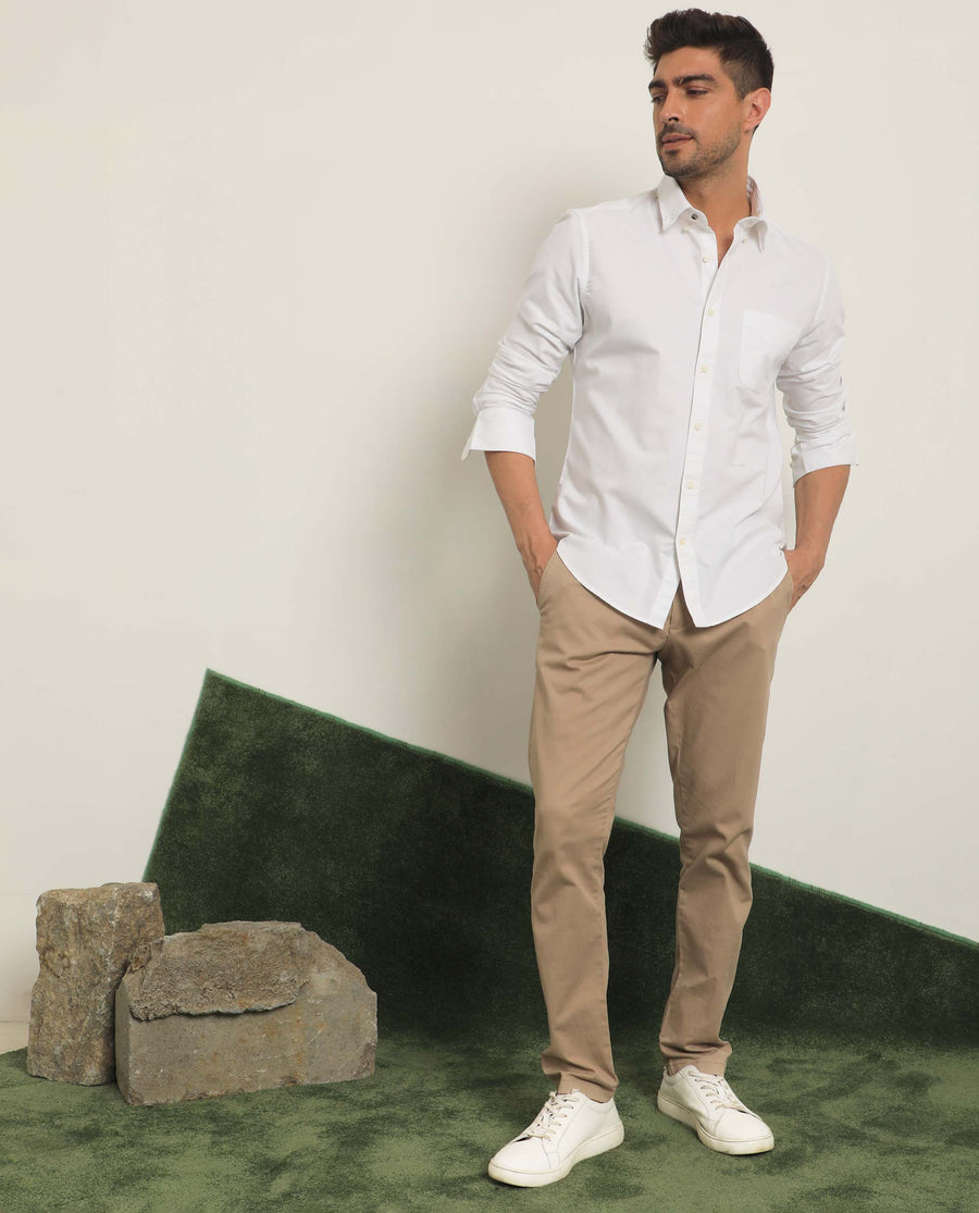 Rare Rabbit Men's Auxfo White Cotton Plain Regular Fit Full Sleeve Collared Shirt