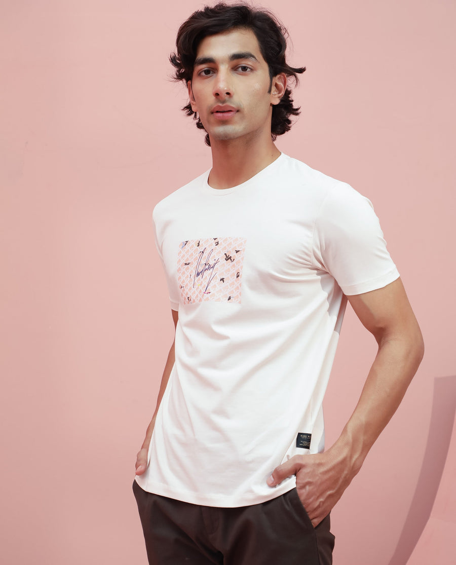 Rare Rabbit Men's Antile Peach Cotton Graphic Print Slim Fit Half Sleeve Crew Neck T-Shirt