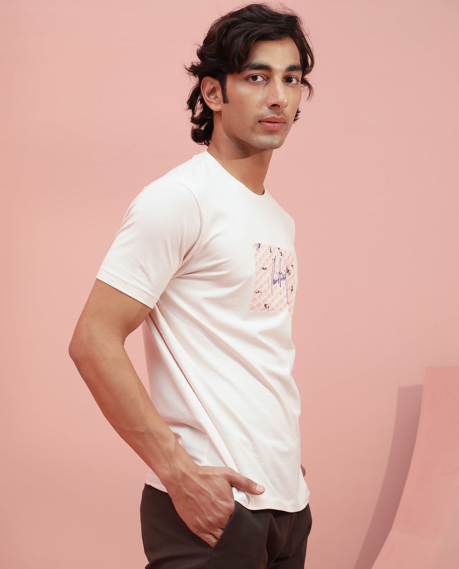 Rare Rabbit Men's Antile Peach Cotton Graphic Print Slim Fit Half Sleeve Crew Neck T-Shirt