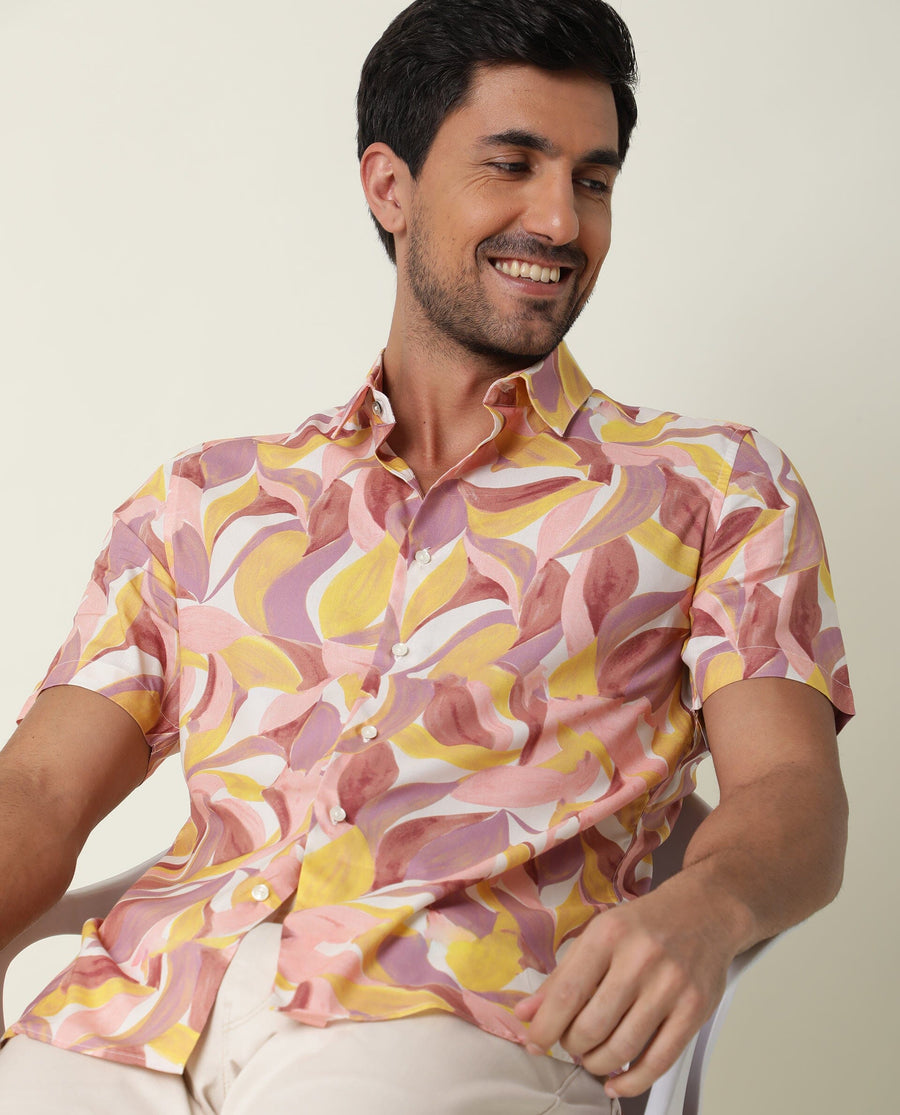 Rare Rabbit Men's Grafe Beige Viscose Tropical Print Regular Fit Half Sleeve Collared Shirt