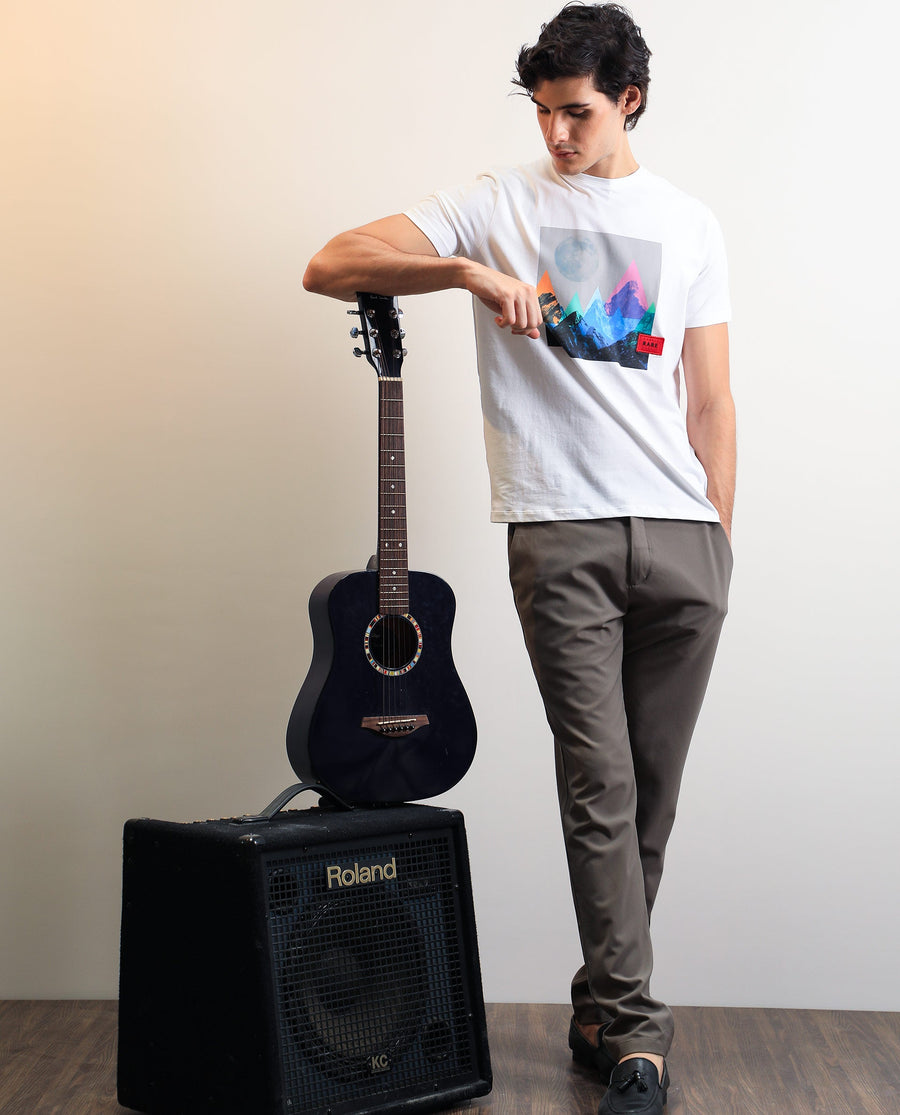 Rare Rabbit Men's Oden White Cotton Graphic Print Slim Fit Half Sleeve Crew Neck T-Shirt