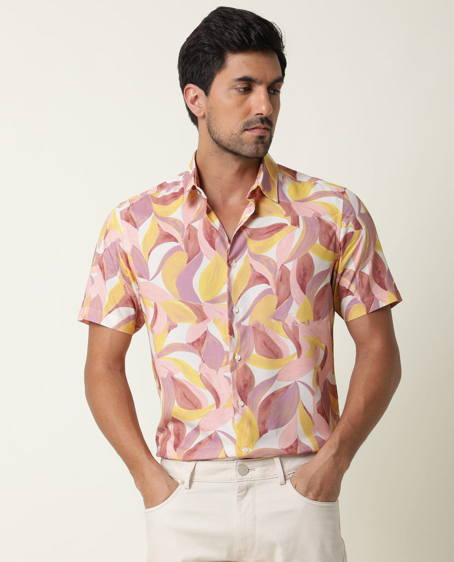Rare Rabbit Men's Grafe Beige Viscose Tropical Print Regular Fit Half Sleeve Collared Shirt