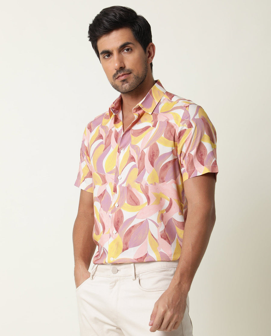 Rare Rabbit Men's Grafe Beige Viscose Tropical Print Regular Fit Half Sleeve Collared Shirt