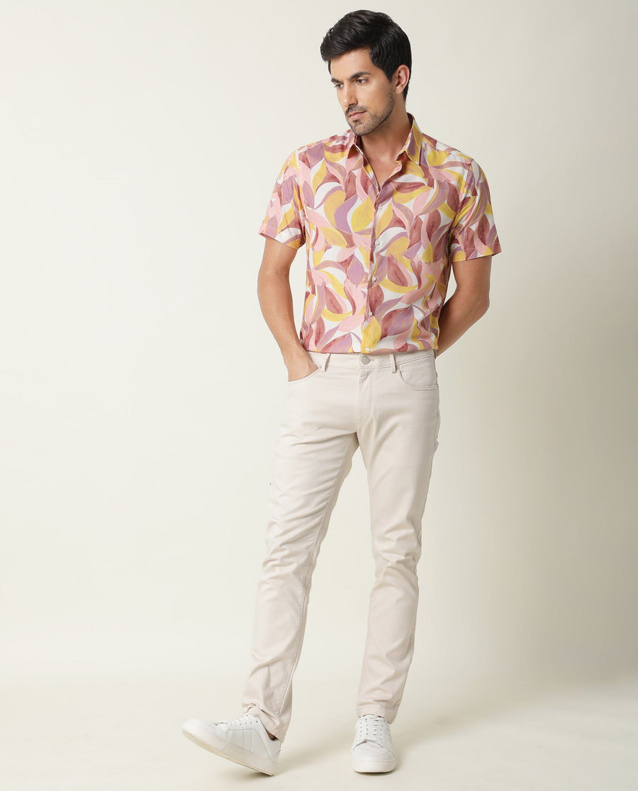 Rare Rabbit Men's Grafe Beige Viscose Tropical Print Regular Fit Half Sleeve Collared Shirt