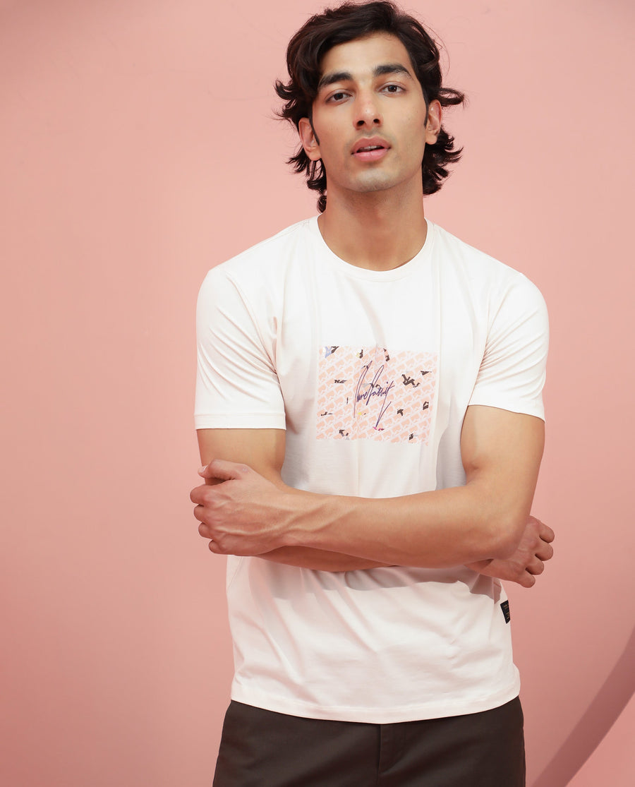 Rare Rabbit Men's Antile Peach Cotton Graphic Print Slim Fit Half Sleeve Crew Neck T-Shirt
