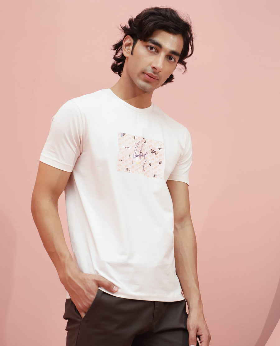Rare Rabbit Men's Antile Peach Cotton Graphic Print Slim Fit Half Sleeve Crew Neck T-Shirt