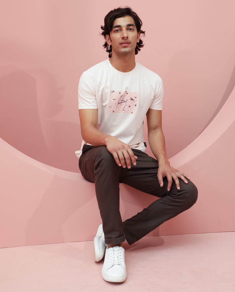 Rare Rabbit Men's Antile Peach Cotton Graphic Print Slim Fit Half Sleeve Crew Neck T-Shirt