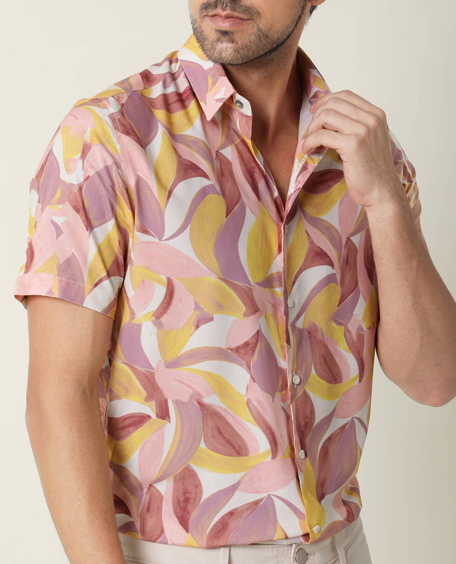 Rare Rabbit Men's Grafe Beige Viscose Tropical Print Regular Fit Half Sleeve Collared Shirt