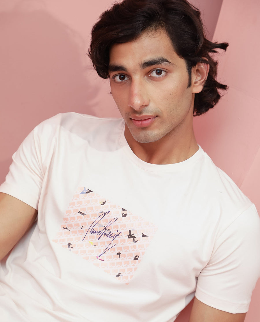 Rare Rabbit Men's Antile Peach Cotton Graphic Print Slim Fit Half Sleeve Crew Neck T-Shirt