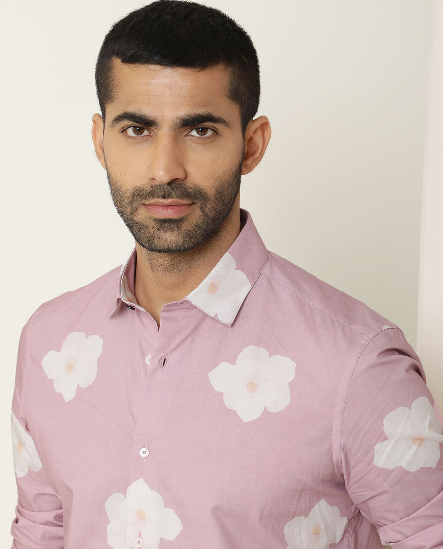 Rare Rabbit Men's Cromer Purple Cotton Floral Print Regular Fit Full Sleeve Collared Shirt