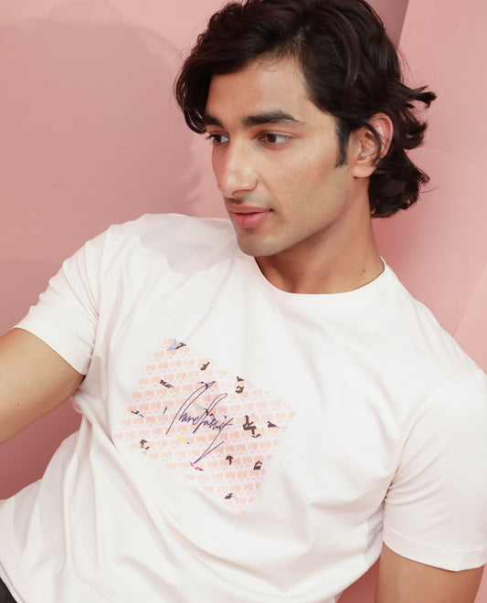 Rare Rabbit Men's Antile Peach Cotton Graphic Print Slim Fit Half Sleeve Crew Neck T-Shirt