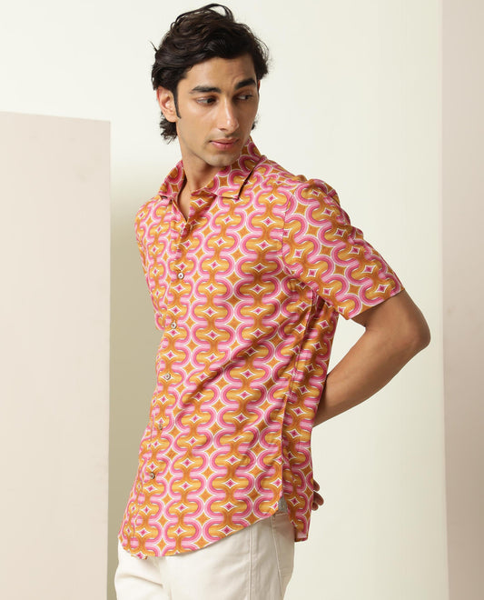 Rare Rabbit Men's Rebeus Multi Viscose Geometric Print Regular Fit Half Sleeve Collared Shirt