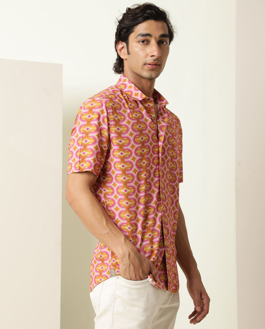 Rare Rabbit Men's Rebeus Multi Viscose Geometric Print Regular Fit Half Sleeve Collared Shirt
