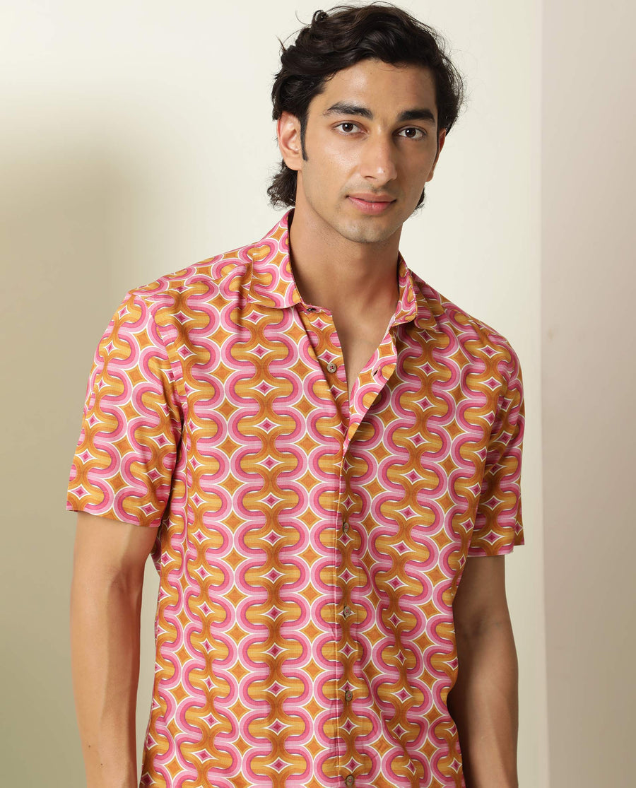 Rare Rabbit Men's Rebeus Multi Viscose Geometric Print Regular Fit Half Sleeve Collared Shirt