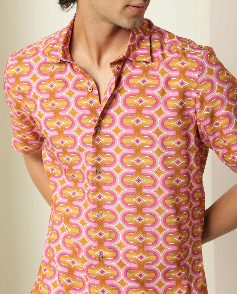 Rare Rabbit Men's Rebeus Multi Viscose Geometric Print Regular Fit Half Sleeve Collared Shirt