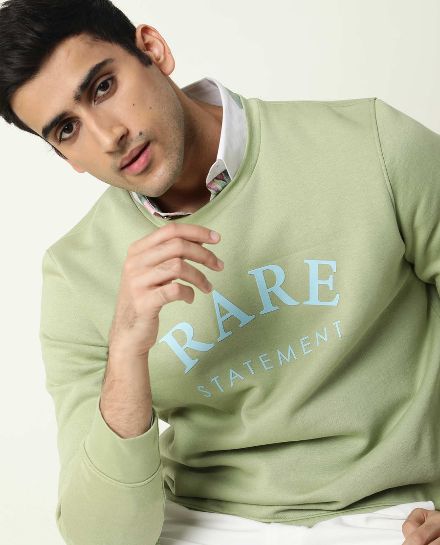 Rare Rabbit Men's Raven Green Cotton Graphic Print Relaxed Fit Full Sleeve Crew Neck Sweatshirt