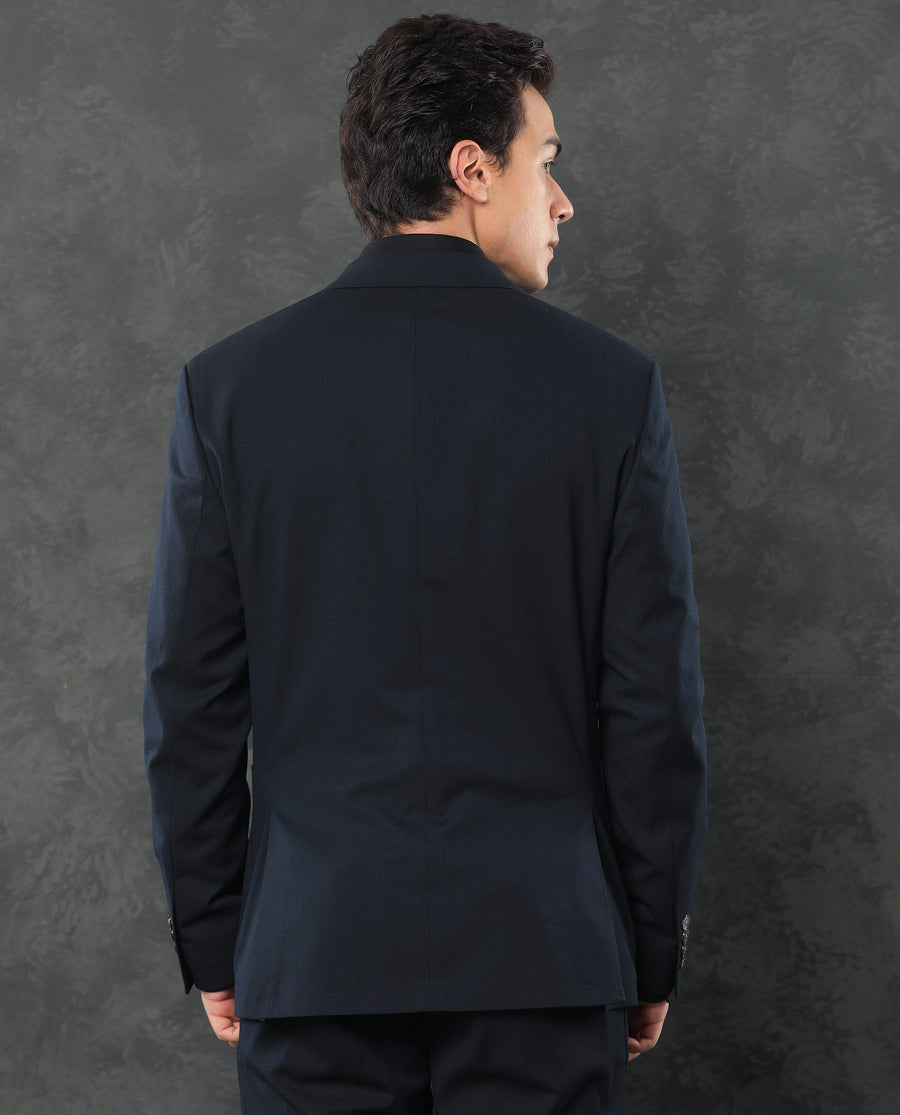Rare Rabbit Men's Zanza Navy Polyester Plain Tailored Fit Full Sleeve Lapel Neck Suits