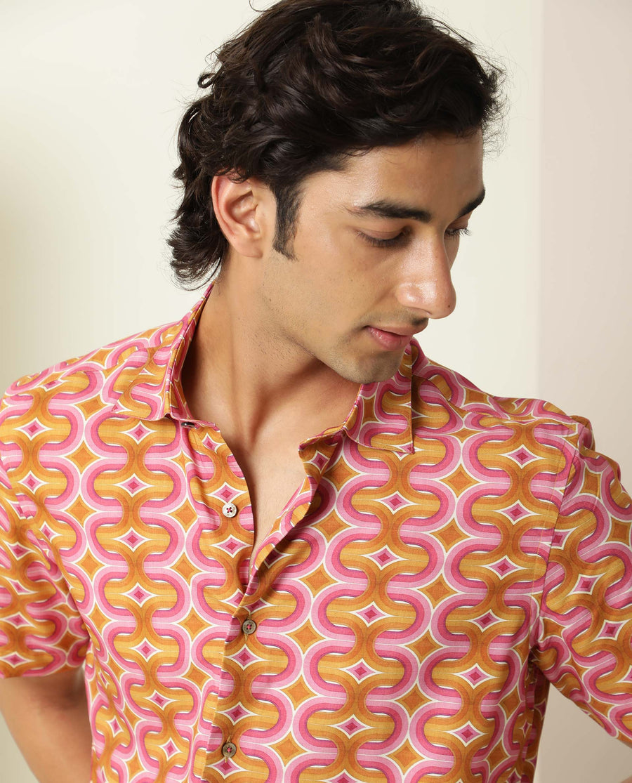 Rare Rabbit Men's Rebeus Multi Viscose Geometric Print Regular Fit Half Sleeve Collared Shirt