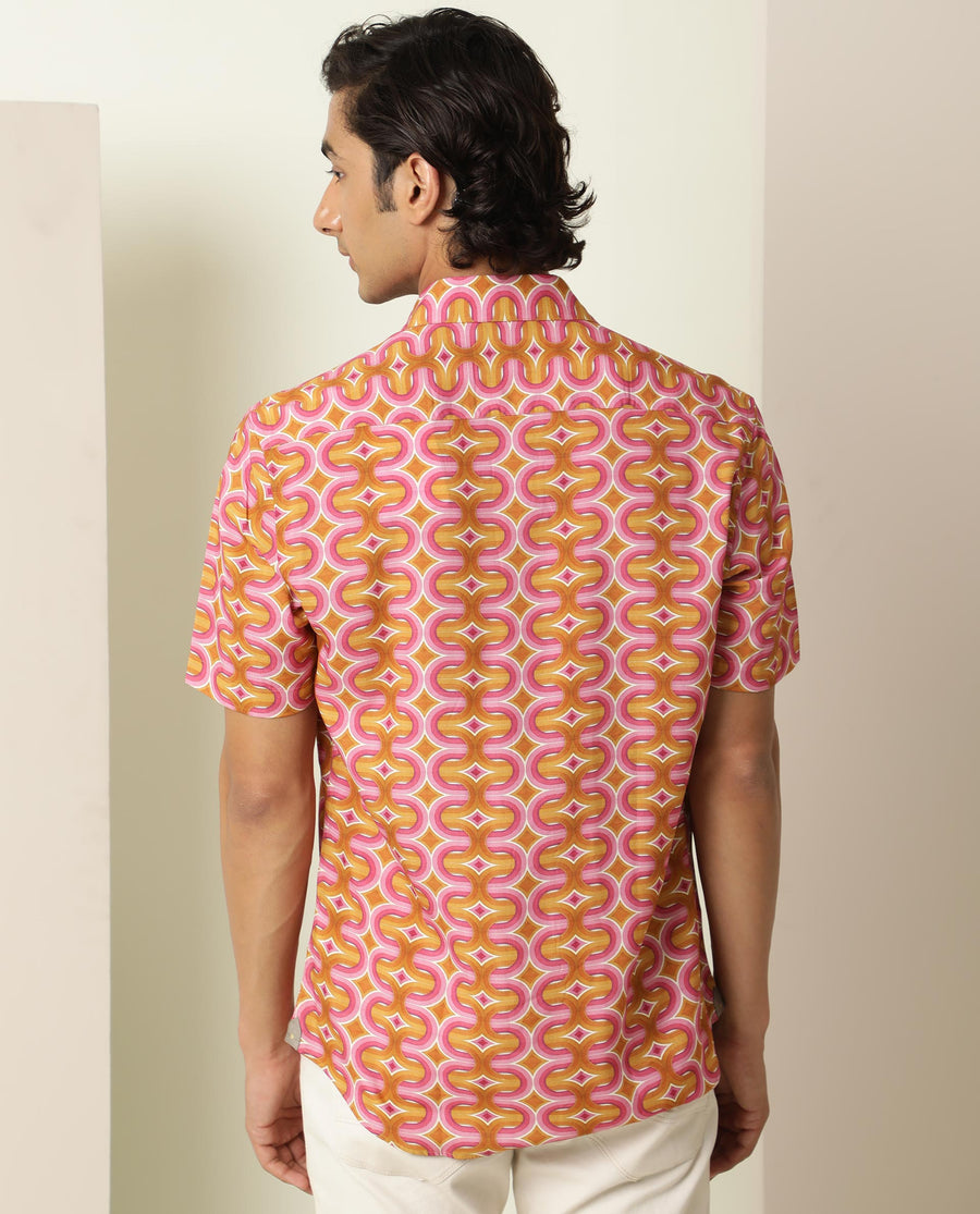 Rare Rabbit Men's Rebeus Multi Viscose Geometric Print Regular Fit Half Sleeve Collared Shirt