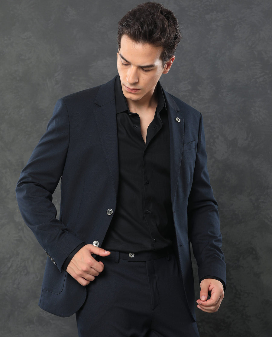 Rare Rabbit Men's Zanza Navy Polyester Plain Tailored Fit Full Sleeve Lapel Neck Suits