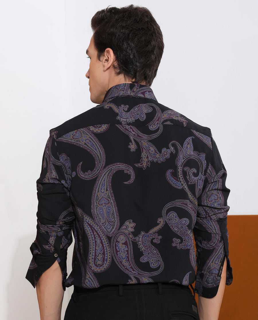 Rare Rabbit Men's Zeus Black Viscose Paisley Print Regular Fit Full Sleeve Collared Shirt