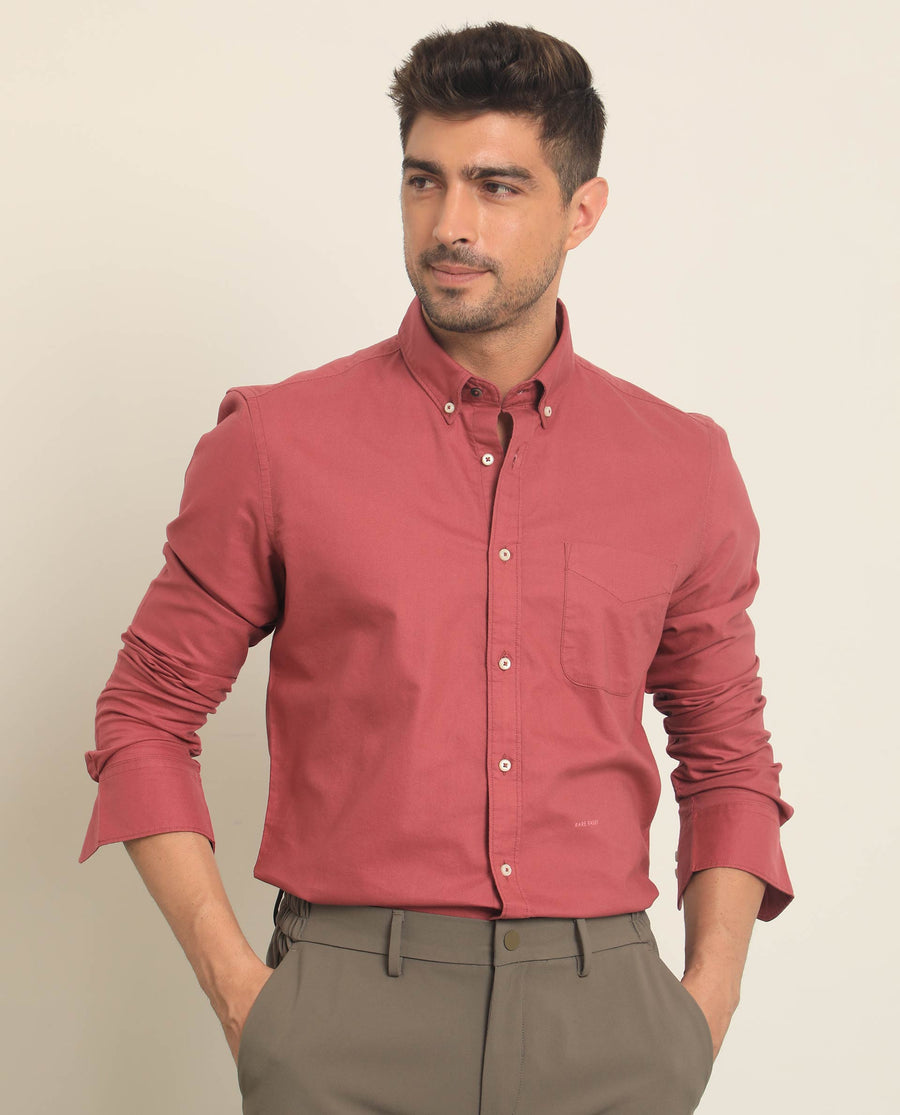 Rare Rabbit Men's Auxfo Pink Cotton Plain Regular Fit Full Sleeve Button-Down Collar Shirt