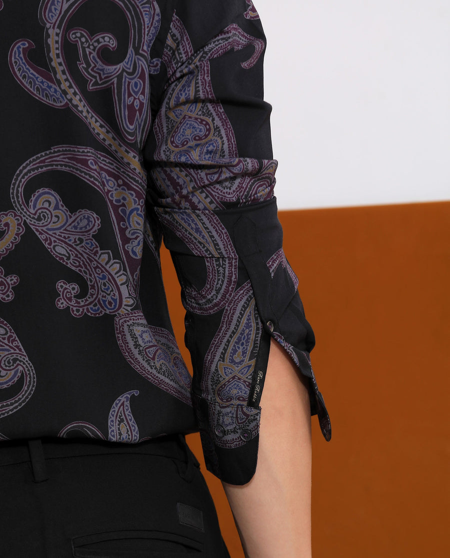 Rare Rabbit Men's Zeus Black Viscose Paisley Print Regular Fit Full Sleeve Collared Shirt