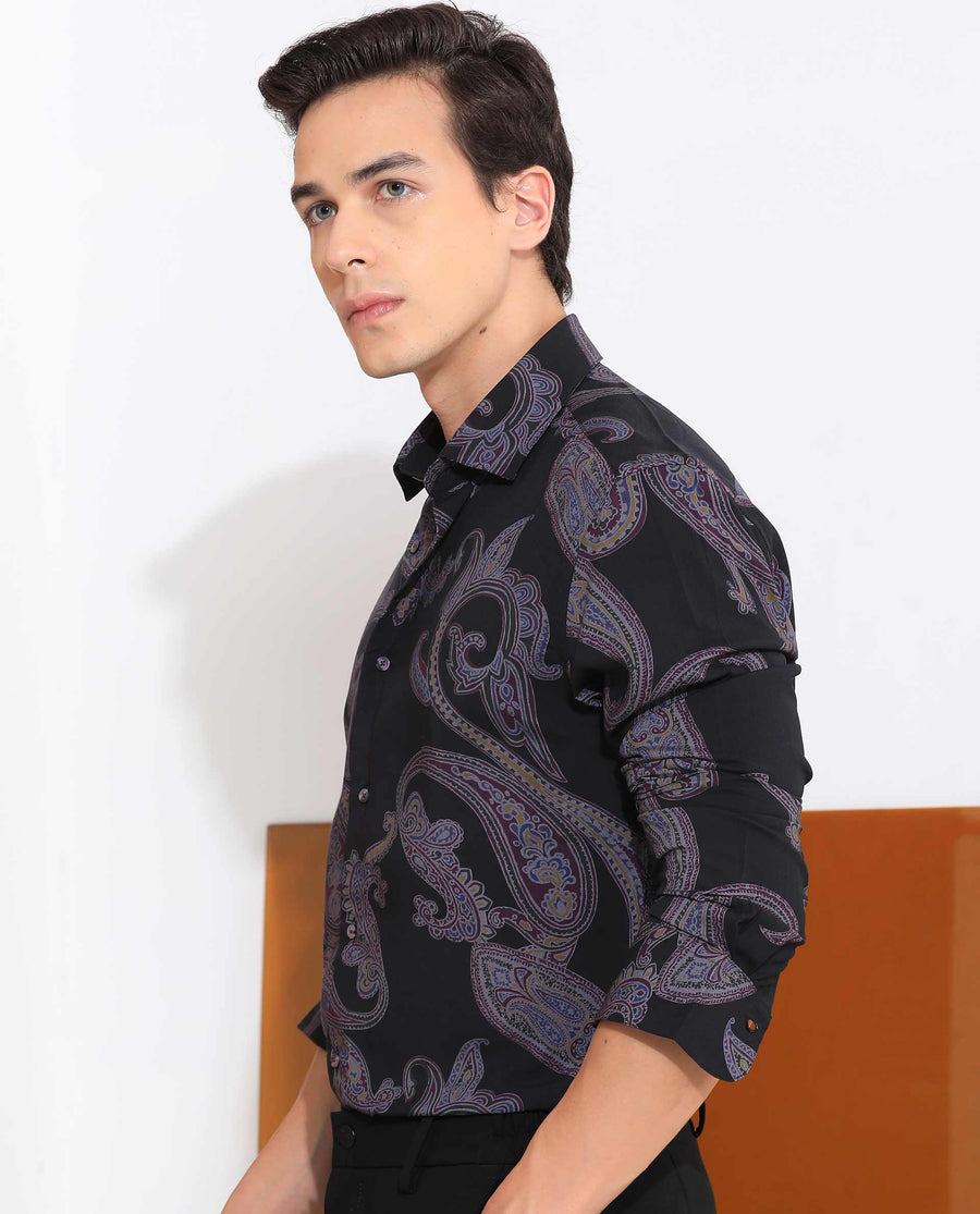 Rare Rabbit Men's Zeus Black Viscose Paisley Print Regular Fit Full Sleeve Collared Shirt