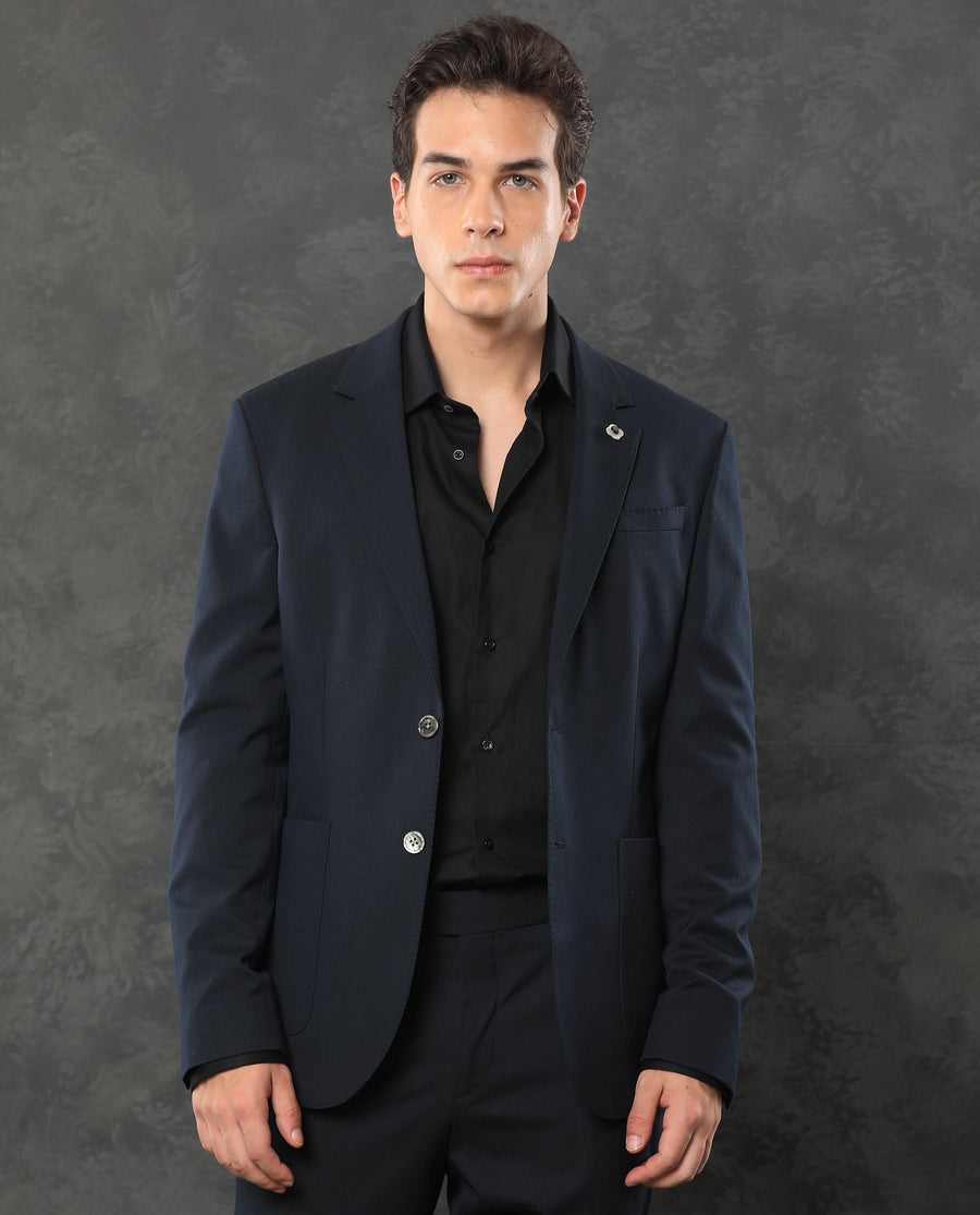Rare Rabbit Men's Zanza Navy Polyester Plain Tailored Fit Full Sleeve Lapel Neck Suits