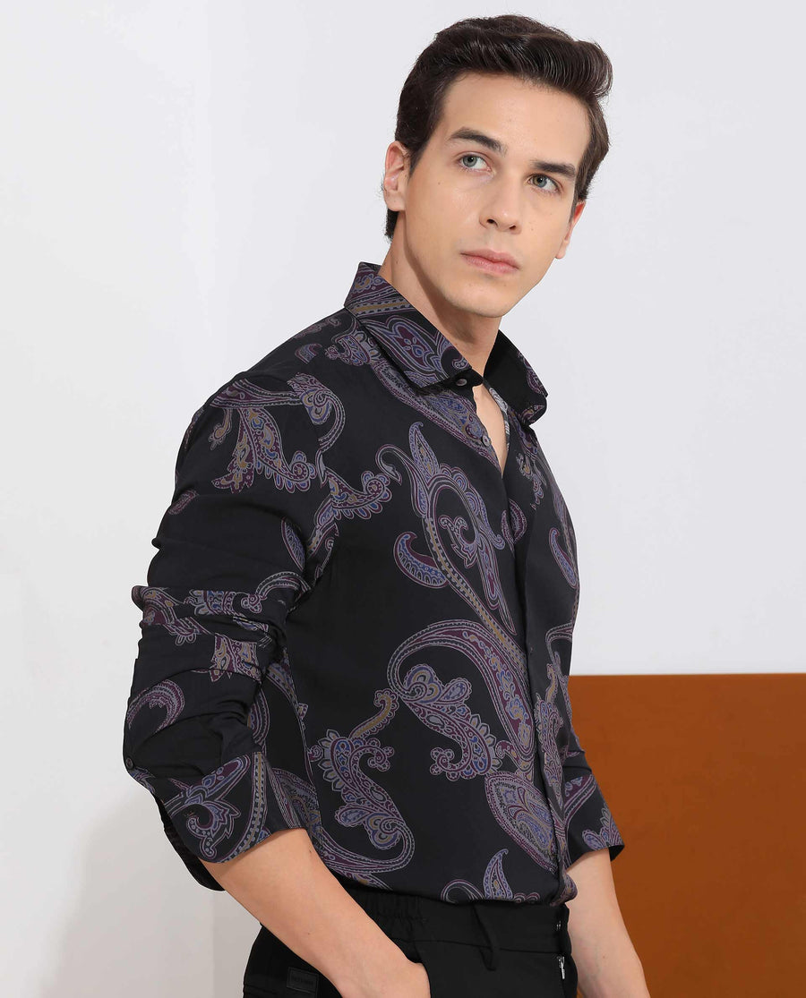 Rare Rabbit Men's Zeus Black Viscose Paisley Print Regular Fit Full Sleeve Collared Shirt