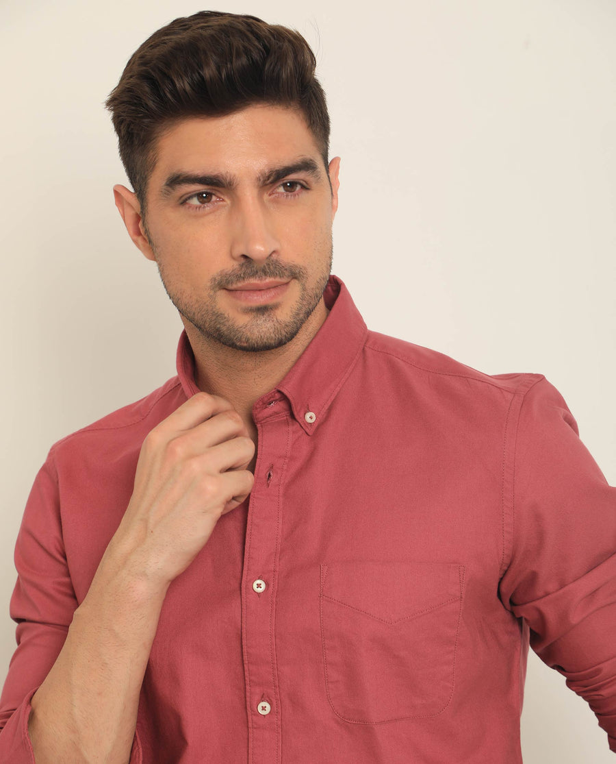Rare Rabbit Men's Auxfo Pink Cotton Plain Regular Fit Full Sleeve Button-Down Collar Shirt