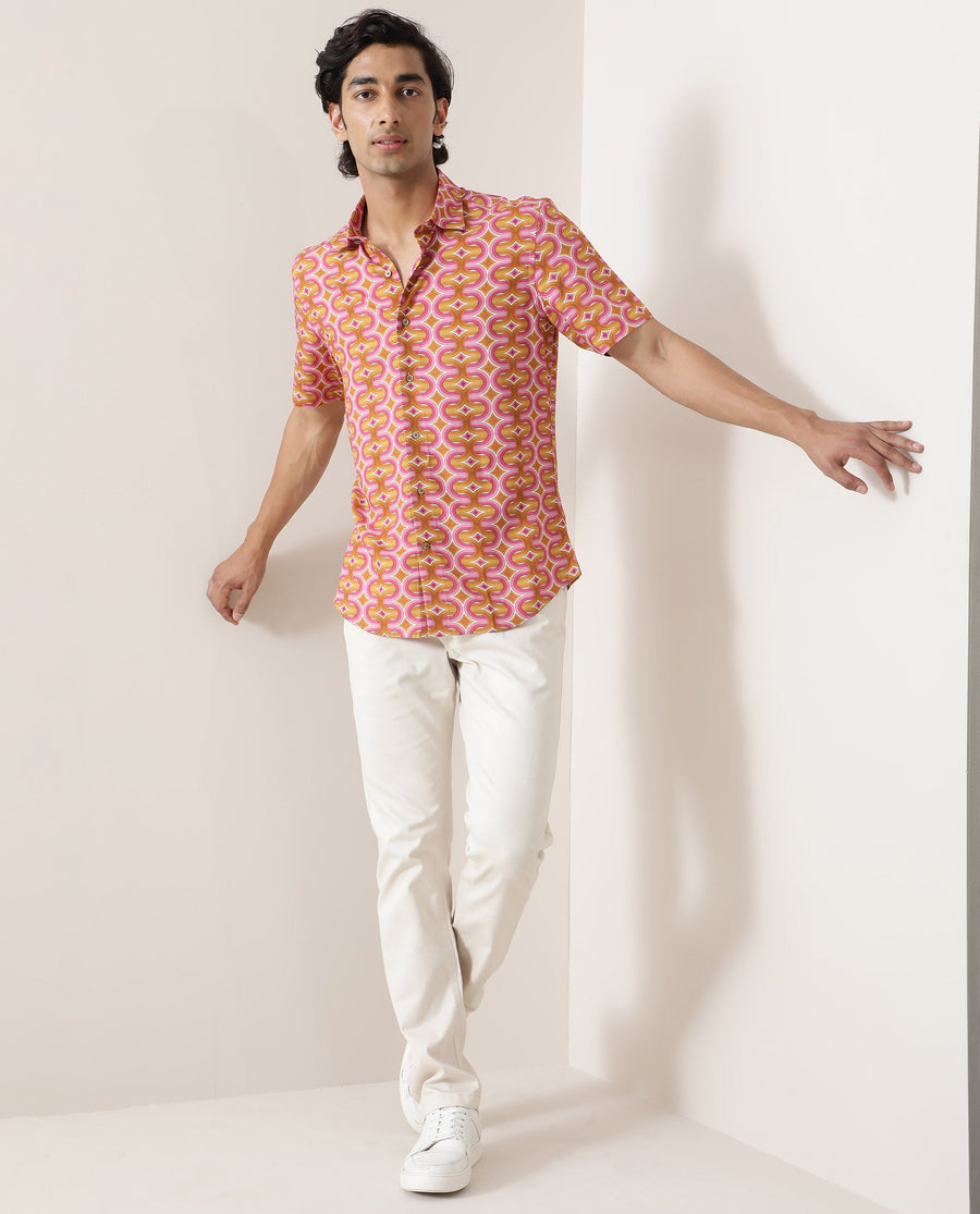 Rare Rabbit Men's Rebeus Multi Viscose Geometric Print Regular Fit Half Sleeve Collared Shirt