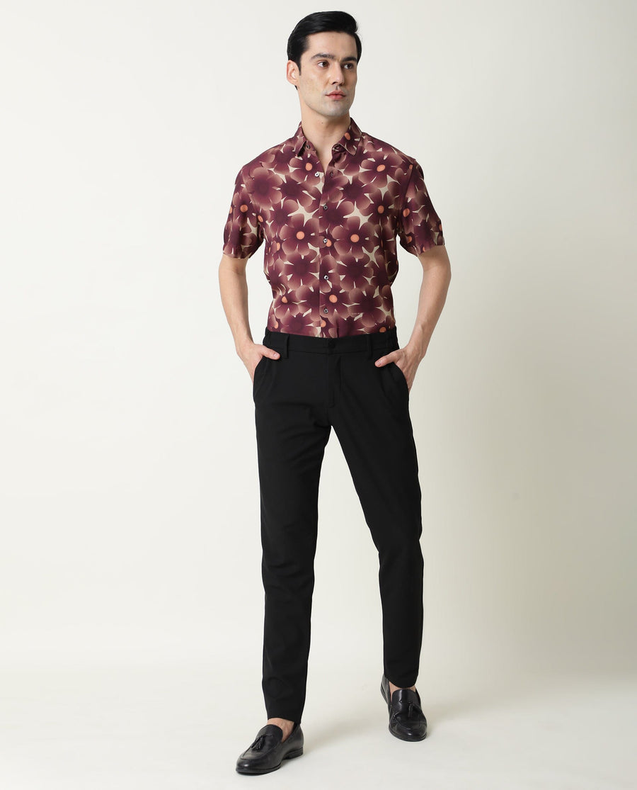 Rare Rabbit Men's Parles Brown Viscose Floral Print Regular Fit Half Sleeve Collared Shirt