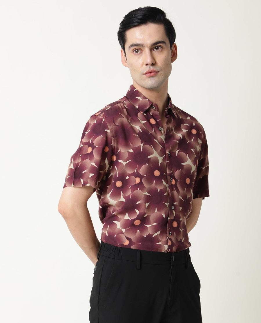Rare Rabbit Men's Parles Brown Viscose Floral Print Regular Fit Half Sleeve Collared Shirt