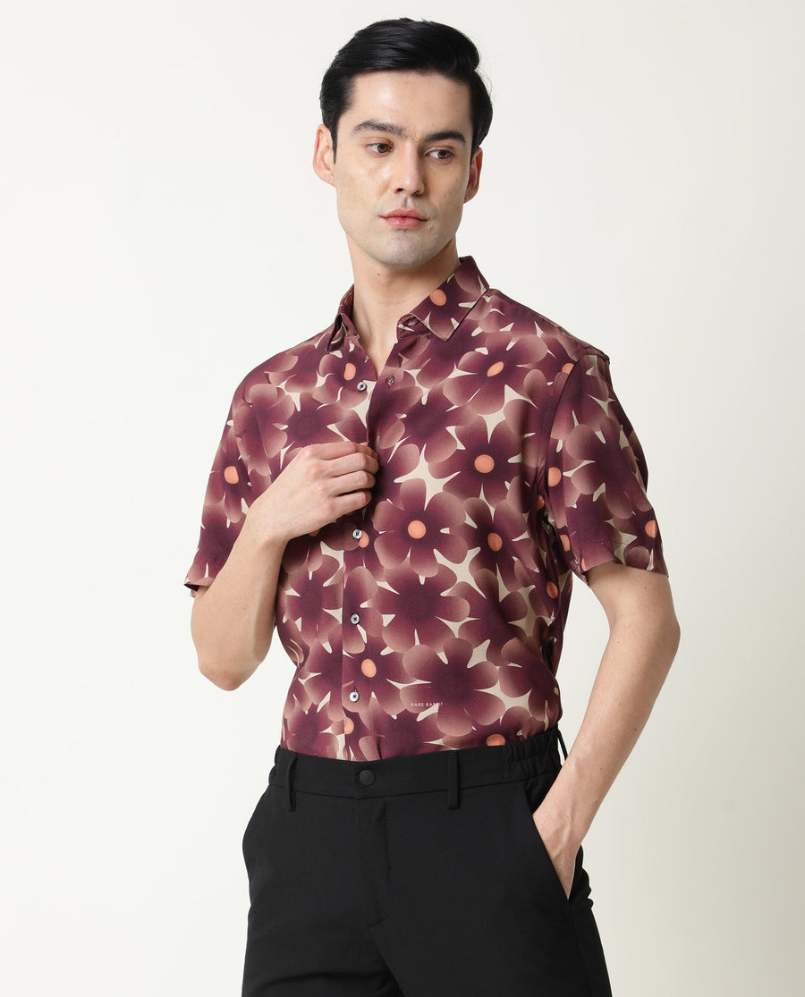 Rare Rabbit Men's Parles Brown Viscose Floral Print Regular Fit Half Sleeve Collared Shirt