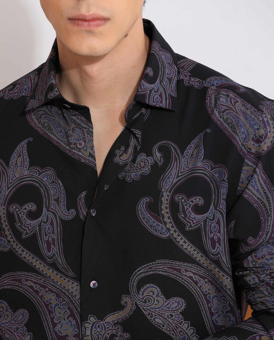 Rare Rabbit Men's Zeus Black Viscose Paisley Print Regular Fit Full Sleeve Collared Shirt