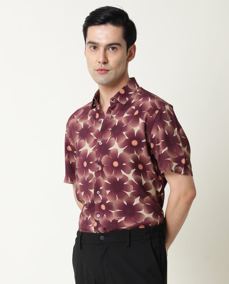 Rare Rabbit Men's Parles Brown Viscose Floral Print Regular Fit Half Sleeve Collared Shirt