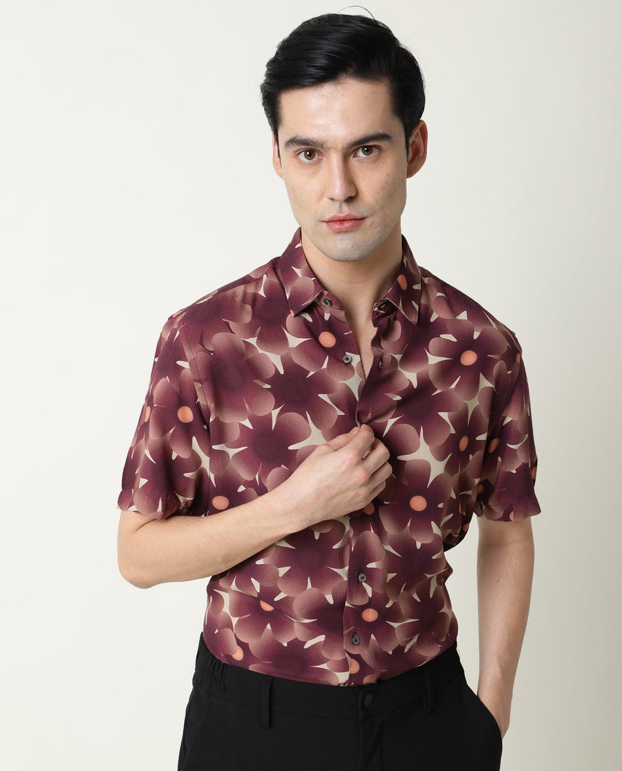 Rare Rabbit Men's Parles Brown Viscose Floral Print Regular Fit Half Sleeve Collared Shirt