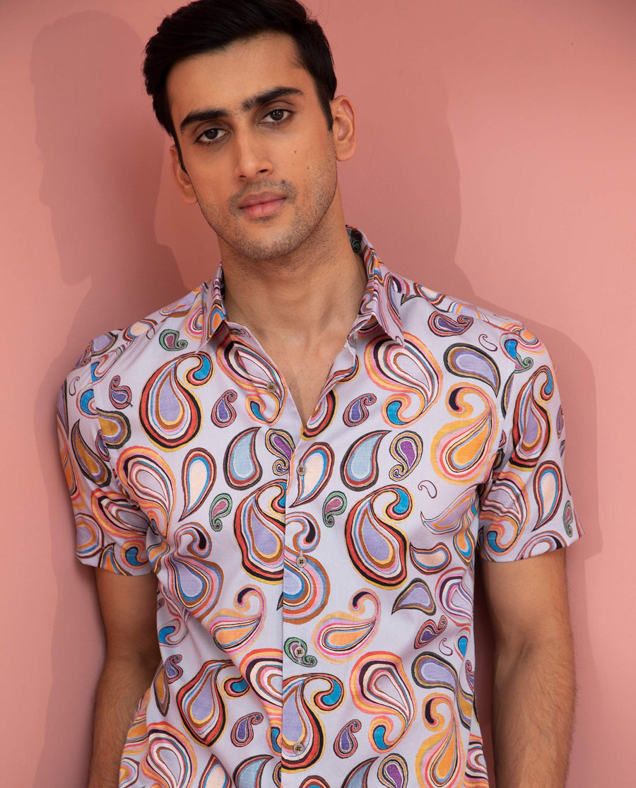 Rare Rabbit Men's Marsh Ss- Blue Viscose Paisley Print Regular Fit Half Sleeve Collared Shirt