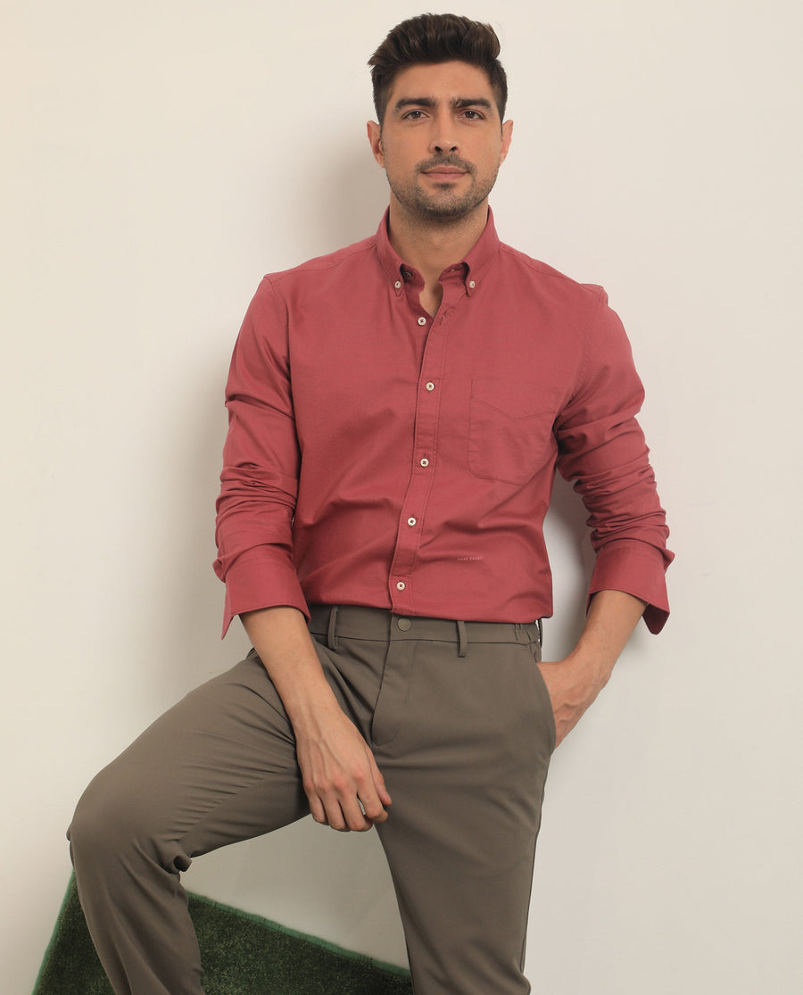Rare Rabbit Men's Auxfo Pink Cotton Plain Regular Fit Full Sleeve Button-Down Collar Shirt