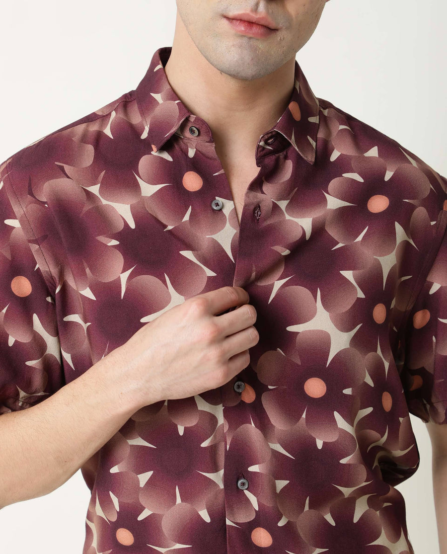 Rare Rabbit Men's Parles Brown Viscose Floral Print Regular Fit Half Sleeve Collared Shirt